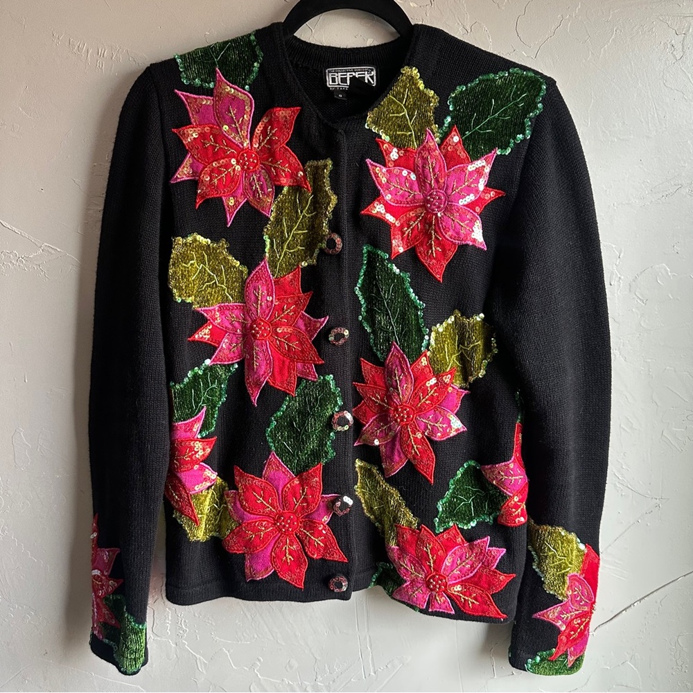 Berek‎ Beaded Poinsettia Knit Cardigan Vintage Glam Statement Sweater Sz S